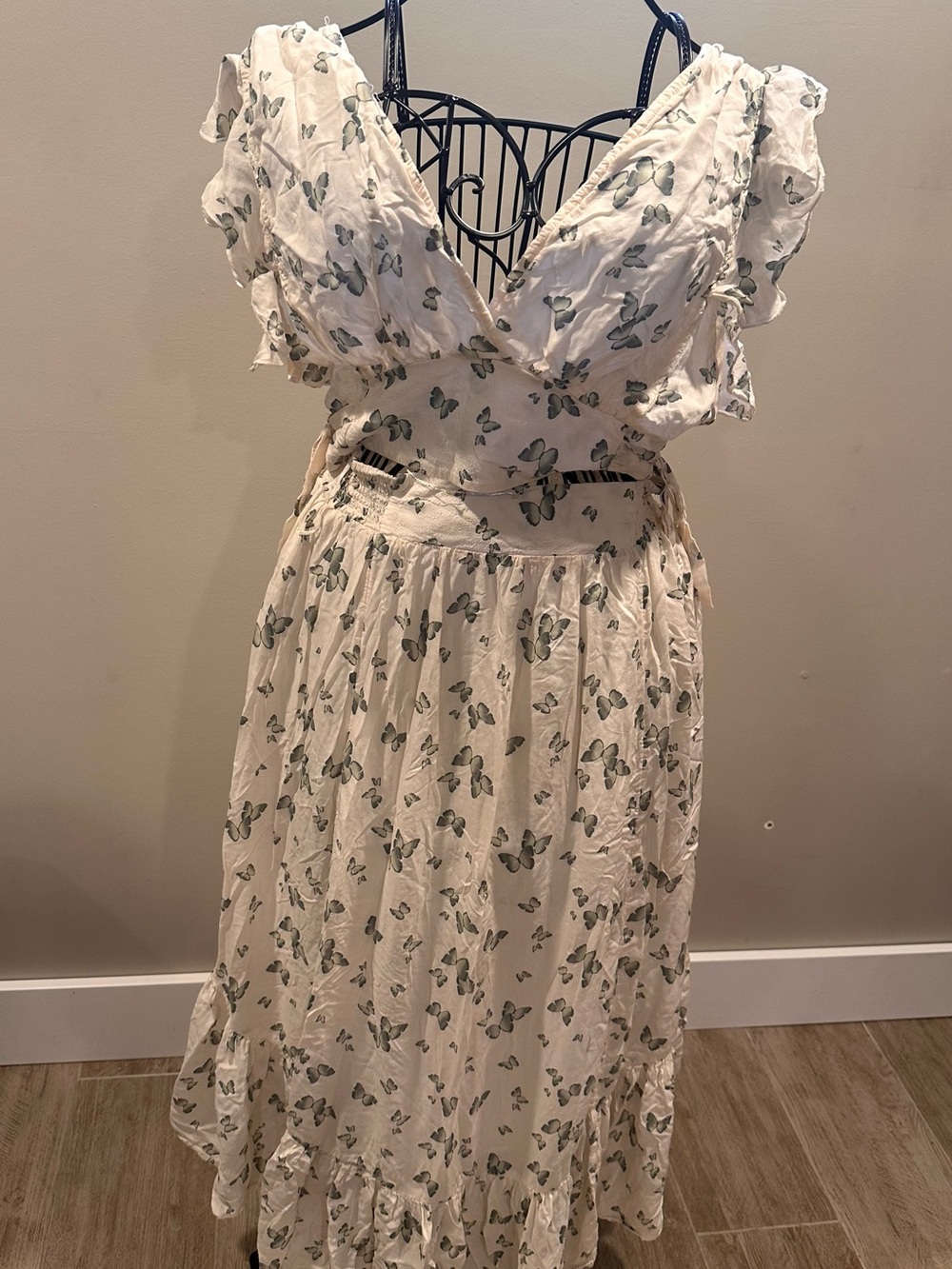 Free People Cream Maxi Dress with Green Butterfly Print